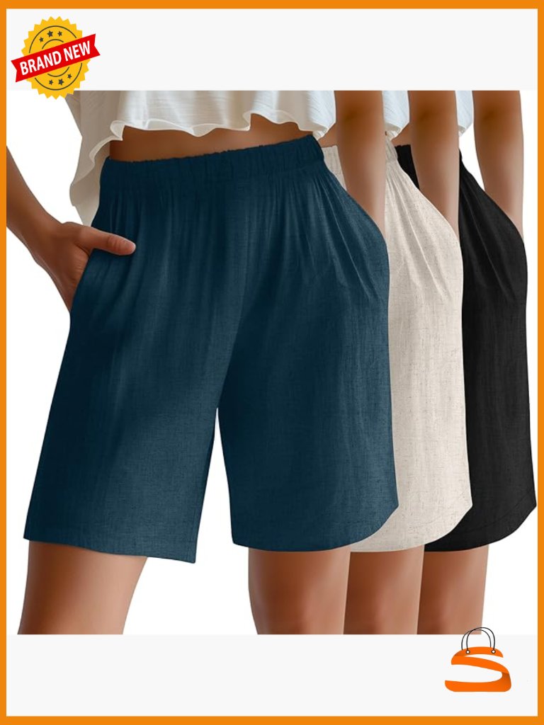 3 Pack Linen High Waist Bermuda Shorts With Pockets